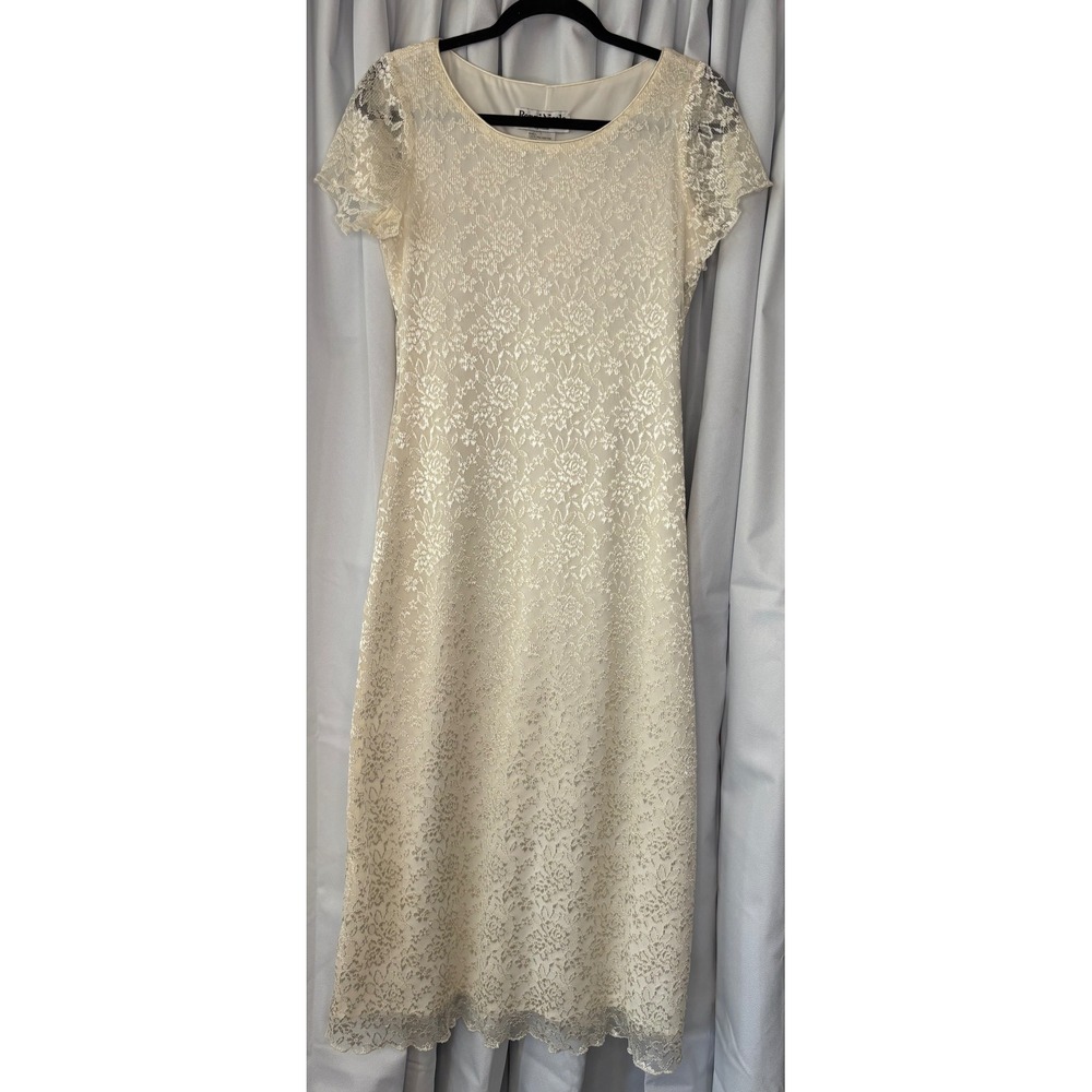 Vtg 90s Cream Floral Lace Sheath Dress Sheer Cap Sleeve Midi Bridal Chic Luxury
